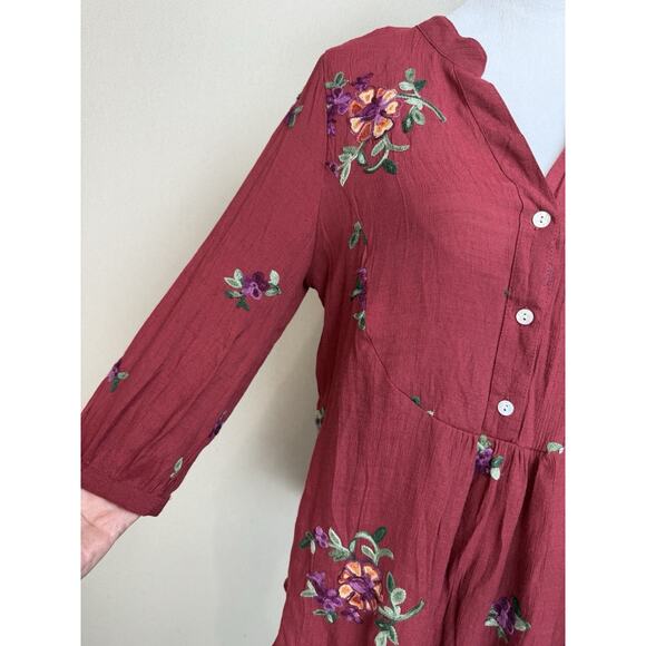 Figueroa & Flower Anthropologie Top Tunic Sz L Womens Maroon Boho Blouse Peasant - Picture 4 of 15